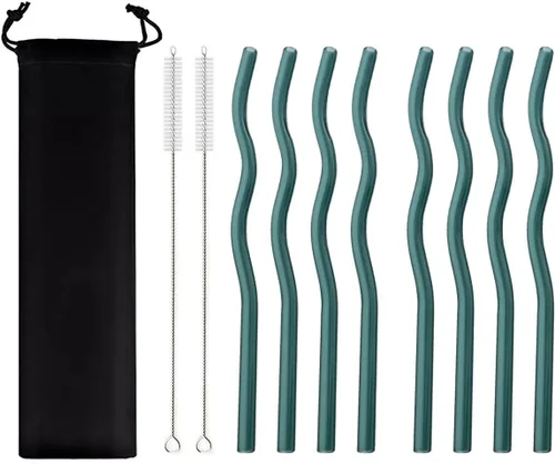 Vista 10 de JASHII Pajitas de vidrio ondulado negro – 8 piezas, 7.87 x 0.31 pulgadas, reutilizables con bolsa negra, multicolor para beber bebidas