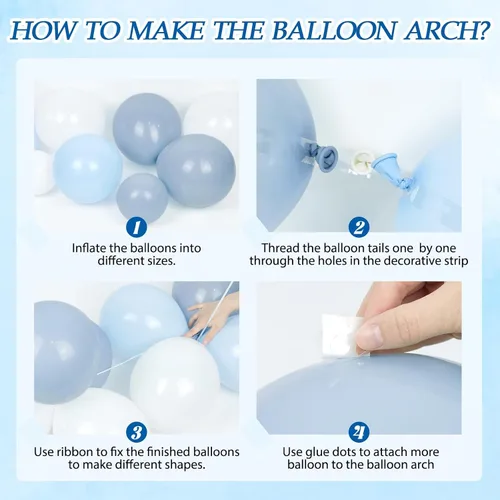 Vista 3 de Kit de arco de globos azules y blancos de 134 piezas, globos azules y blancos con confeti azul polvoriento para aniversario, revelación de género