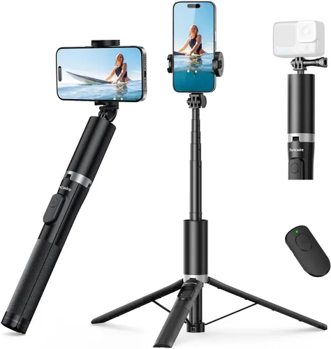 Vista 10 de SYNCWIRE Trípode de teléfono Selfie Stick de 55 pulgadas para iPhone, palo selfie de aluminio extensible todo en uno con control remoto, trípode