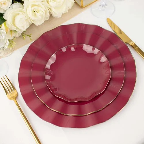 Vista 118 de Tableclothsfactory Paquete de 10 platos redondos de plástico negro de 6 pulgadas para ensalada de postre, platos desechables con borde ondulado