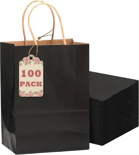 Vista 14 de qiqee Paquete de 26 bolsas de regalo negras con asas a granel de 8.3 x 3 x 6 pulgadas, bolsas de papel kraft de tamaño pequeño para fiestas
