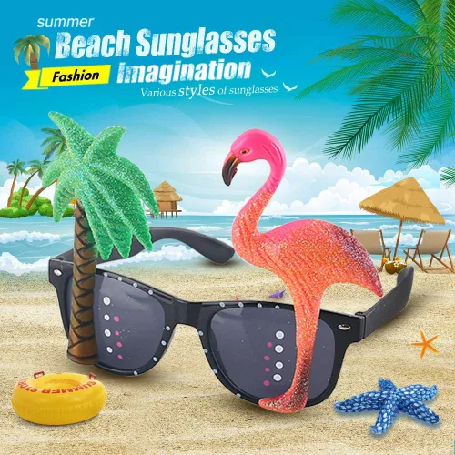 Vista 3 de POPLAY 4 pares de gafas de sol Luau para fiesta, divertidas gafas de sol tropicales hawaianas, flamenco, coco, piña, guacamayo, playa, accesorios