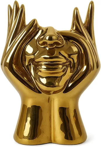 Vista 10 de Jarrón de Cara Jarrón de Cerámica Único para Habitación, Oficina, Decoración del Hogar, Dorado, A Small Boho Cute Female Form Head Bust Vase
