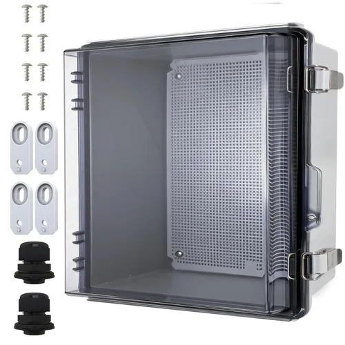 Vista 11 de MAKERELE Caja eléctrica impermeable pequeña al aire libre IP67 ABS caja de plástico con placa de montaje, cubierta gris con bisagras, soporte