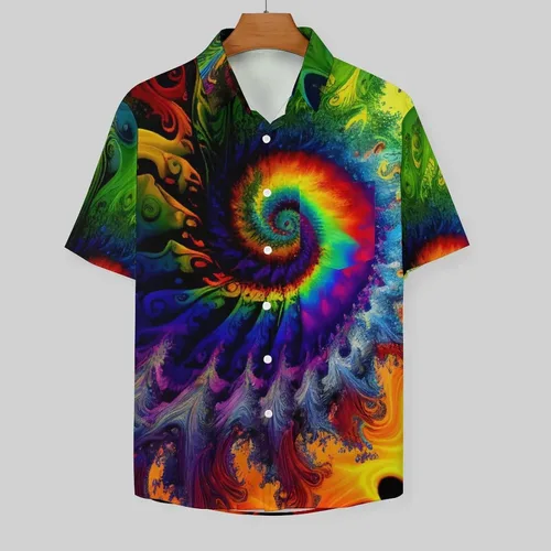 Vista 2 de Liohans Camisa hawaiana misteriosa psicodélico de arco iris con bolsillo de solapa y botones