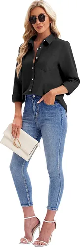 Vista 7 de siliteelon Camisas con botones para mujer, camisa Oxford de algodón, camisa de vestir de manga larga, blusas de trabajo con bolsillo