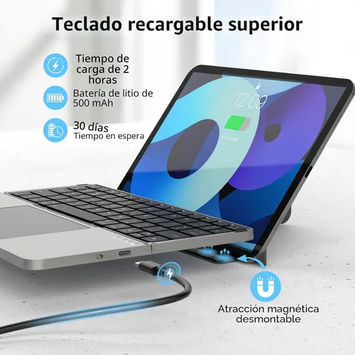 Vista 4 de Mircopack - Teclado Bluetooth plegable con panel táctil y soporte para iPad/iPhone/MacBook, 3 dispositivos, cubierta magnética de piel sintética Gris