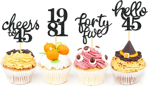 Vista 5 de 24 adornos para cupcakes de cumpleaños 45 con purpurina para decorar tartas de cumpleaños de 45 años, decoraciones de cumpleaños n.° 45 para Black2