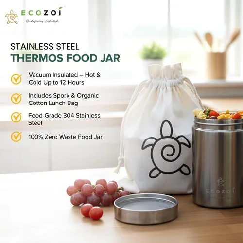 Vista 2 de ecozoi Lonchera aislada de acero inoxidable, tarro de alimentos aislado al vacío, 17 onzas + tenedor + bolsa de almuerzo
