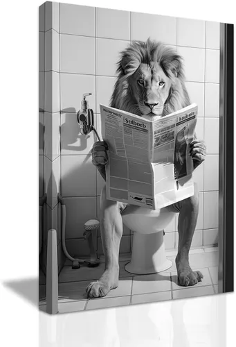 Vista 9 de LZIMU Divertida decoración de pared de baño, diseño de tigre sentado en el inodoro, leyendo periódicos, pósteres enmarcados de animales en blanco