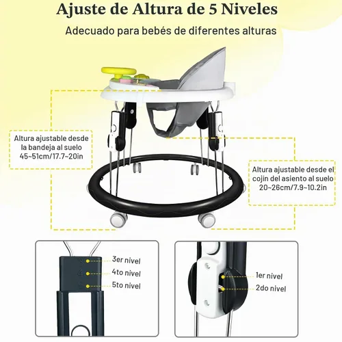Vista 7 de Andador plegable para bebés con ruedas, caminantes portátiles 5 en 1 para Altura ajustable, bandeja de música, 2 asientos lavables, reposapiés