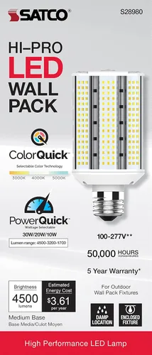 Vista 9 de Satco 28980-30W/LEDWP/CCT/E26/100-277V S28980 Omni Direccional Inundación HID Bombilla LED de repuesto