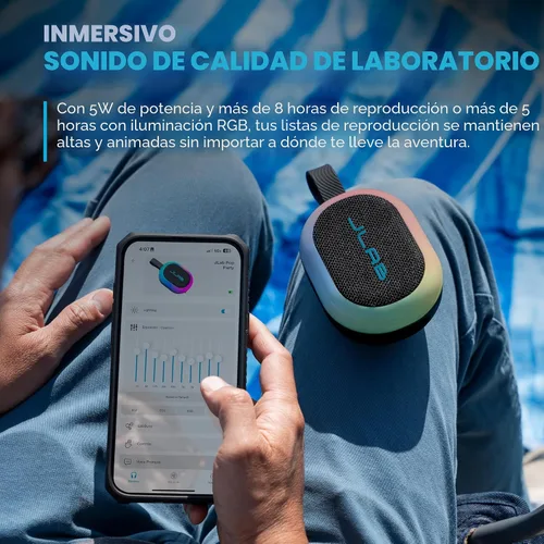 Vista 2 de JLab, Partido pop, altavoz Bluetooth portátil, impermeable IP55, LED RGB personalizable, negro