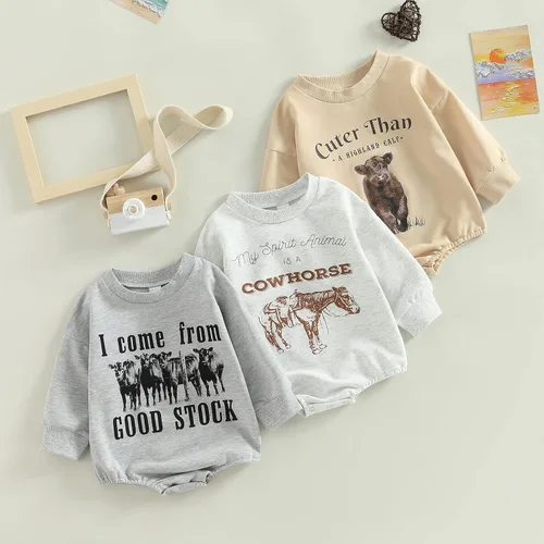 Vista 2 de MAINESAKA Traje de vaquero occidental para recién nacido, sudadera con estampado de vaca, de manga larga, traje de otoño