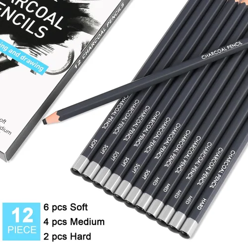 Vista 2 de Sunshilor Juego de 12 lápices de carbón profesionales, 12 lápices de carbón duro suave y medio para dibujar, dibujar, sombrear, lápices de artista