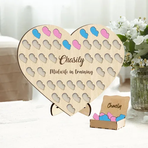 Vista 11 de Contador de nacimiento personalizado para estudiantes partera con 50 espacios para bebés, tablero de madera en forma de corazón