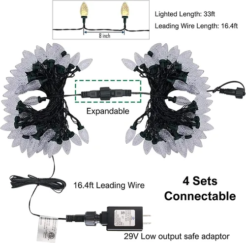 Vista 5 de Dazzle Bright Luces de Navidad C9 para exteriores, 50 LED 33 pies Cable Verde Impermeable Luces de Cadena, luces de hadas para interiores