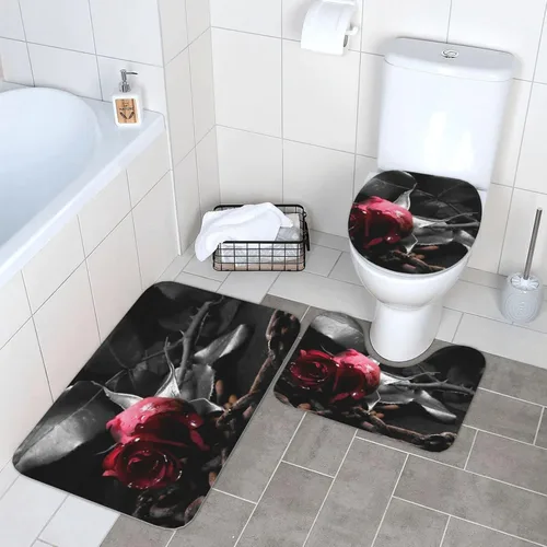 Vista 8 de FFEXS Juego de alfombras de baño de 3 piezas con estampado de rosas negras góticas, 1 alfombrilla rectangular para el suelo, 1 almohadilla de piso