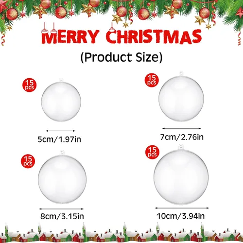 Vista 2 de Macarrie 60 bolas de adornos transparentes rellenables de Navidad, bolas de adorno rellenables de plástico transparente para el hogar, manualidades