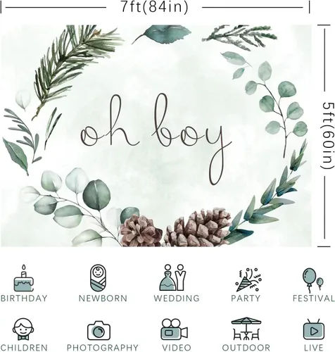 Vista 6 de Telón de fondo Oh Boy de 7 x 5 pies con vegetación para baby shower, fondo de fotografía de Navidad, hojas verdes, eucalipto botánico, decoración