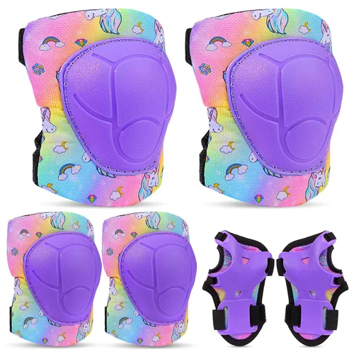 Vista 11 de FIODAY Rodilleras para niños, conjunto de equipo de protección ajustables para niños, rodilleras y coderas con protector de muñeca para niñas