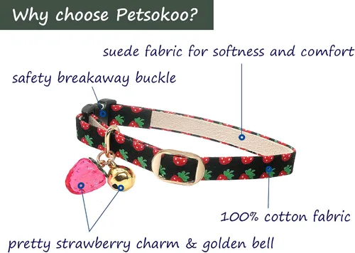 Vista 2 de Lindo collar de gato con campana y dije de fresa. 100% algodón. Seguridad suave para niña, niño, macho, hembra, gatito Negro
