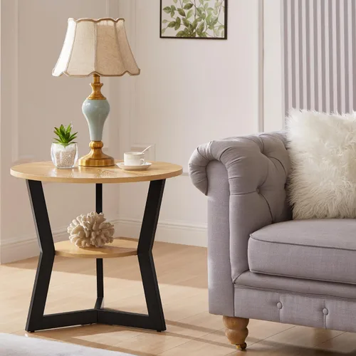 Vista 8 de Mesa auxiliar, mesa auxiliar redonda de madera para sala de estar con mesa de 2 niveles con estante de almacenamiento, diseño de soporte triangular