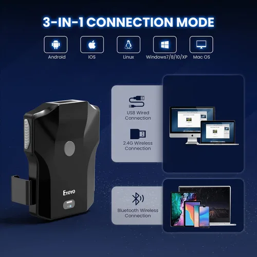Vista 9 de Eyoyo Escáner de Código QR Bluetooth, Escáner de Código de Barras 2D Inalámbrico con Clip Trasero USB para Teléfono UPC, Lector con Indicador