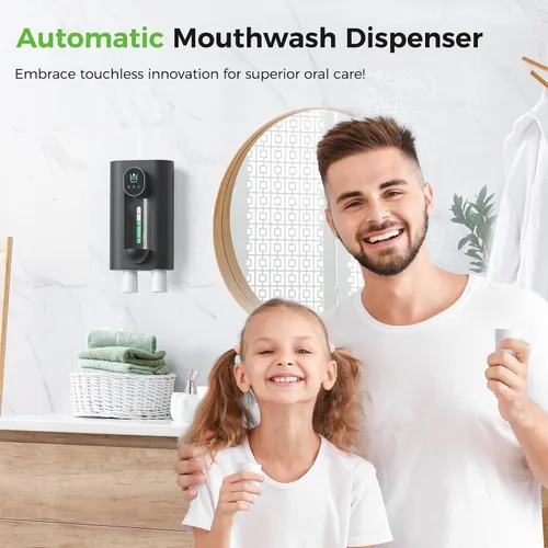 Vista 2 de Oylik Dispensador automático de enjuague bucal de 18.26 onzas, dispensador de enjuague bucal sin contacto para baño, 2 tazas magnéticas recargables