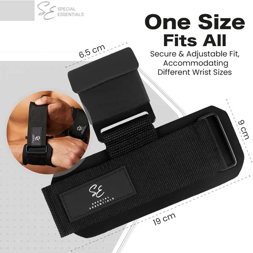 Vista 3 de Special Essentials Ganchos de levantamiento de pesas: 1 par de ganchos de acero de alta calidad con correas acolchadas para la muñeca para un mejor