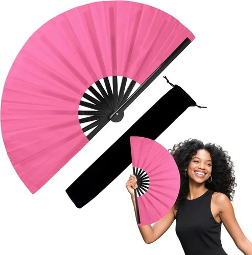 Vista 17 de Abanico de mano grande de 33 cm con luz UV para baile en línea, abanico plegable para botas, actuación, boda, fiesta - Abanico portátil de mano