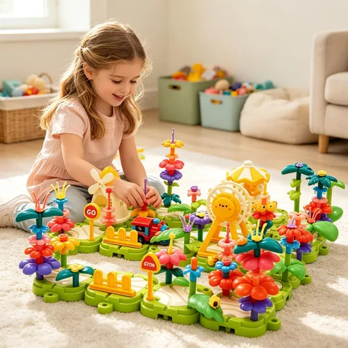 Vista 3 de Juego de juguetes de construcción de jardín de flores con pista de tren