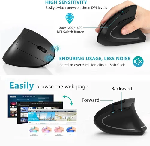 Vista 5 de Lekvey Ratón ergonómico, mouse inalámbrico vertical recargable, agarre
