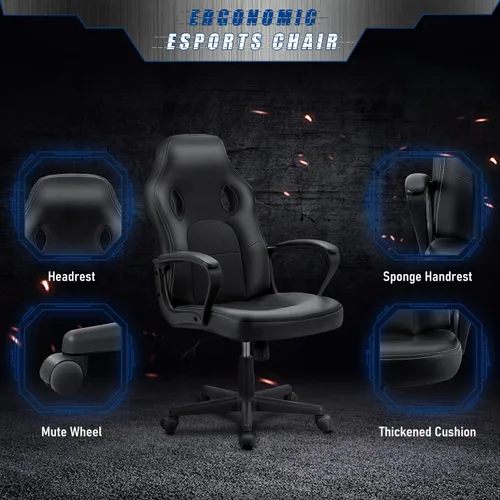 Vista 5 de JUMMICO Silla de juegos de cuero con respaldo alto, 300 libras, silla giratoria con brazos (negro)