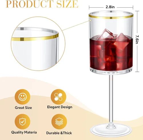 Vista 4 de Yaomiao Paquete de 12 copas de vino desechables de plástico transparente con tallo de 10 onzas, con borde dorado, reutilizables, para bodas