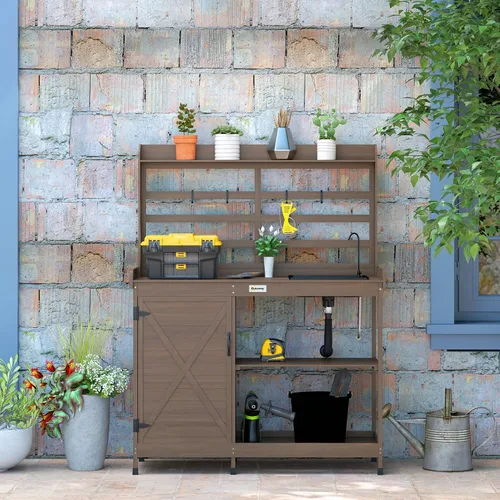 Vista 6 de Outsunny Banco de Jardinería Exterior de Madera con Mesa y Fregadero y Grifo, Estación de Trabajo de Jardín con Gabinete de Almacenamiento, Estantes