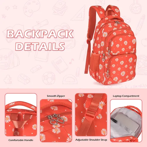 Vista 17 de goldwheat Mochilas impresas margaritas con paquete de almuerzo, estuche de lápices 3pcs, bolsa ligera resistente al agua para la escuela secundaria