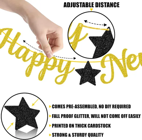 Vista 5 de KatchOn, Cartel de Feliz Año Nuevo pre-encordado – 10 pies, NO DIY, decoraciones doradas de la víspera de feliz Cartel de decoración de fiesta