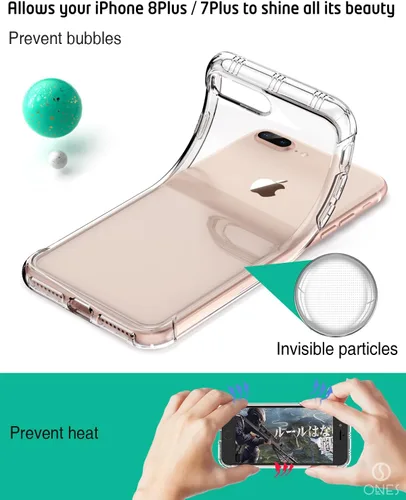 Vista 6 de ONES Funda transparente para iPhone 8 Plus/7 Plus, funda delgada de silicona TPU suave, funda protectora militar contra caídas para teléfono