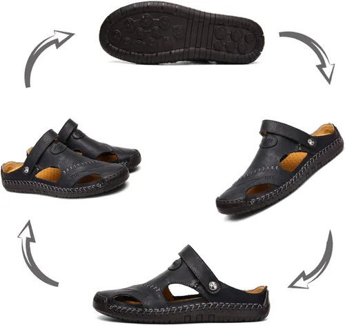 Vista 2 de Sandalias de cuero con punta cerrada para hombre, sandalias de pescador casuales para caminar al aire libre, zapatos de playa, Negro