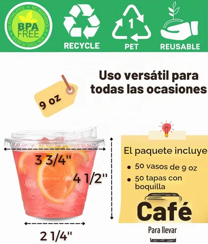 Vista 4 de Vasos de plástico transparente de 9 onzas con tapas para sorber sin pajita, 50 juegos de vasos desechables de plástico para café helado, vasos