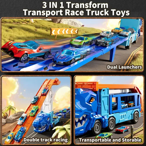 Vista 5 de Juego de pistas de camiones para niños de 3, 4, 5, 6 años, camión de dinosaurio, pista de carreras con 12 juguetes de autos de carreras fundidos a