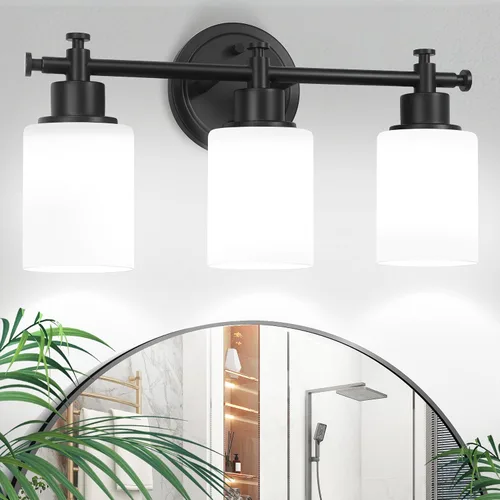 Vista 9 de Lámparas de baño negras de 3 luces, modernas luces de tocador sobre el espejo, apliques de pared de baño con pantalla de vidrio blanco, enchufe E26
