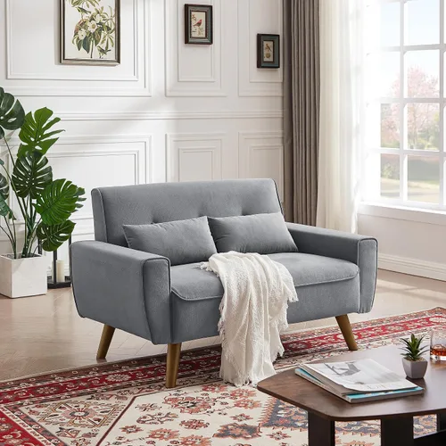 Vista 24 de 57" Small Loveseat Sofa, Mid Century Modern Love Seat Couch with Back Cushions and Plastic Legs, 2 Seater Couches for Living Room, Bedroom, Small