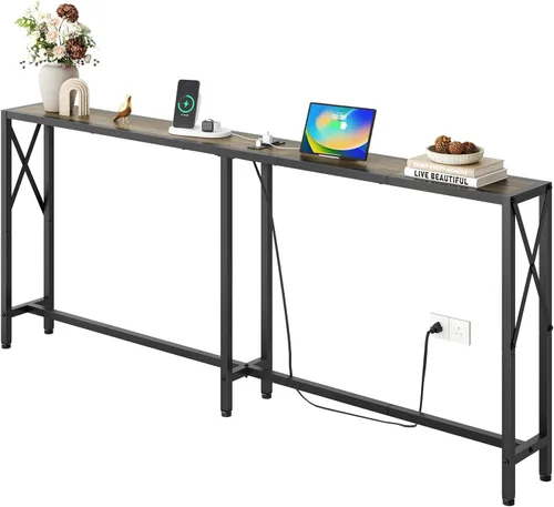 Vista 13 de Gewudraw - Mesa de sofá estrecha de 55.1", mesa consola con tomas de corriente y puertos USB, mesa de entrada, mesa de sofá industrial para pasillo