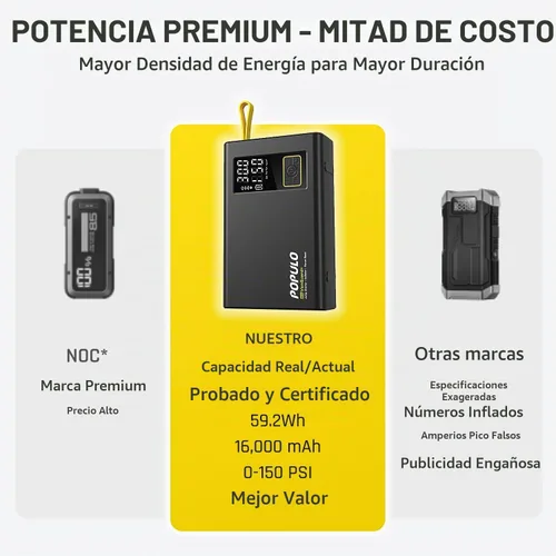 Vista 7 de POPULO Arrancador de coche con compresor de aire, caja de refuerzo portátil de 12 V 59.2 Wh con inflador digital de neumáticos de 150 PSI