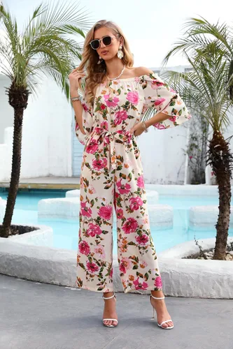 Vista 2 de Love Welove Fashion - Overol para mujer, diseño floral, hombros descubiertos, con volantes, manga corta, cintura alta, pantalones de pierna ancha
