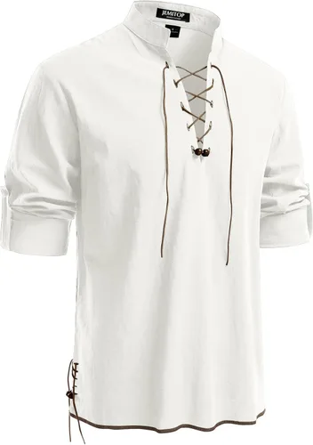 Vista 62 de JEMITOP Men's Pure Cotton Renaissance Lace Up Shirt Verde militar