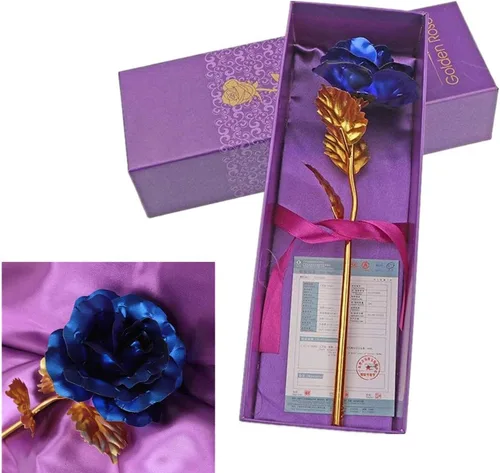 Vista 4 de Rosa artificial creativa de oro de 24 quilates, tallo largo de plástico, rosa real sumergida en oro con caja de regalo para el día de la madre, día