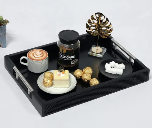 Vista 6 de Bandeja para servir con asas de metal pulido, bandeja rectangular para mesa de café de 16.5''x12'', bandeja decorativa moderna, bandeja otomana Negro